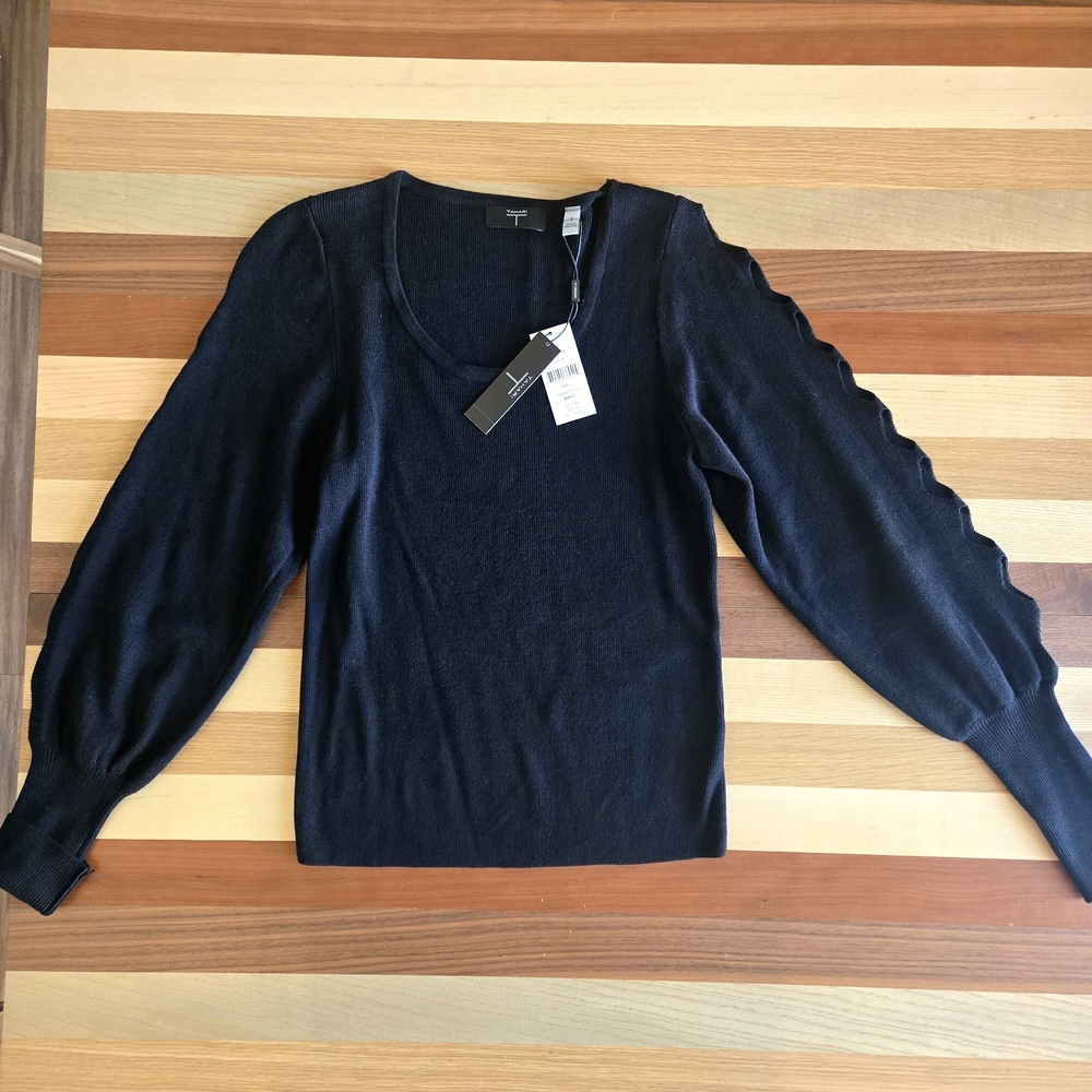 Tahari Black Sweater with Balloon Sleeves, Peek A Boo Detail On Sleeves. NWT